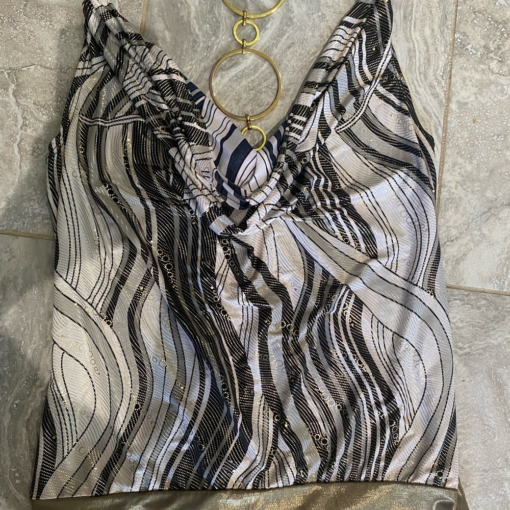 MKM Designs Black and White Asymmetrical Ruched Tank Top